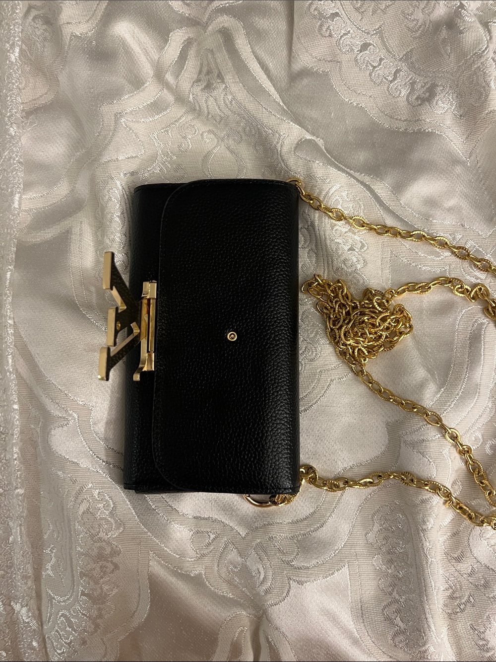 Black Leather Crossbody Wallet with Gold Chain